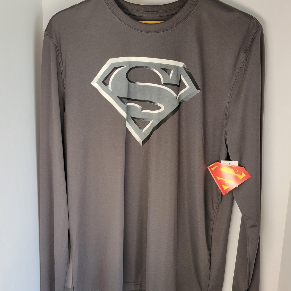 Superman Mens Long Sleeve Performance Shirt Gray Shield Logo NWT Large